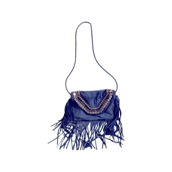 Shashi Women's Kira Blue Suede Beaded Fringed Crossbody Bag - Picture 1 of 4
